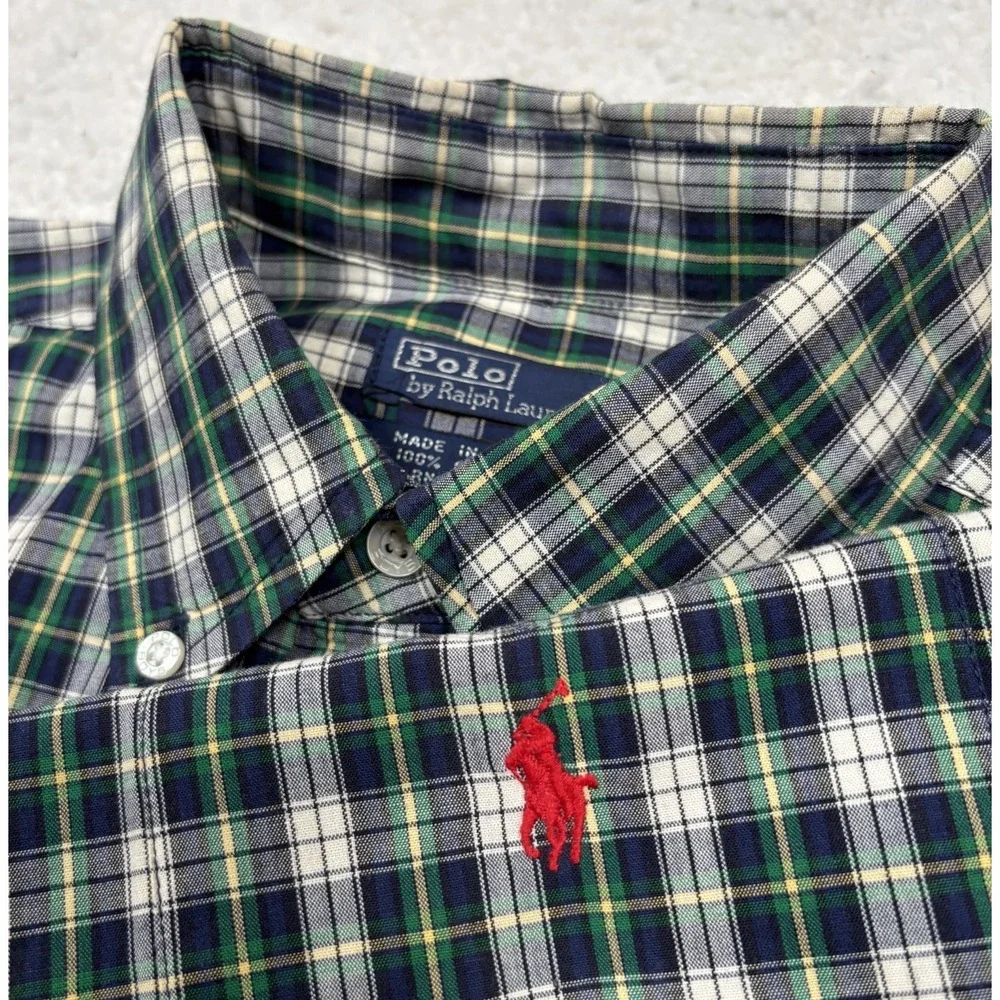 Polo Ralph Lauren Button Down‎ Shirt Mens XL (FITS M) Navy Blue Green Plaid Pony
